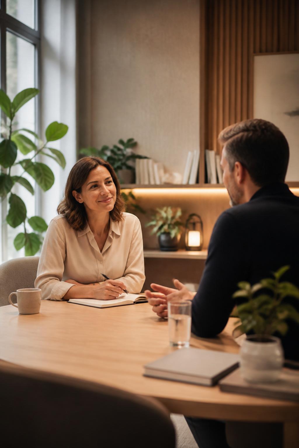 Inviting meeting room with neutral materials, plants, and soft natural light.