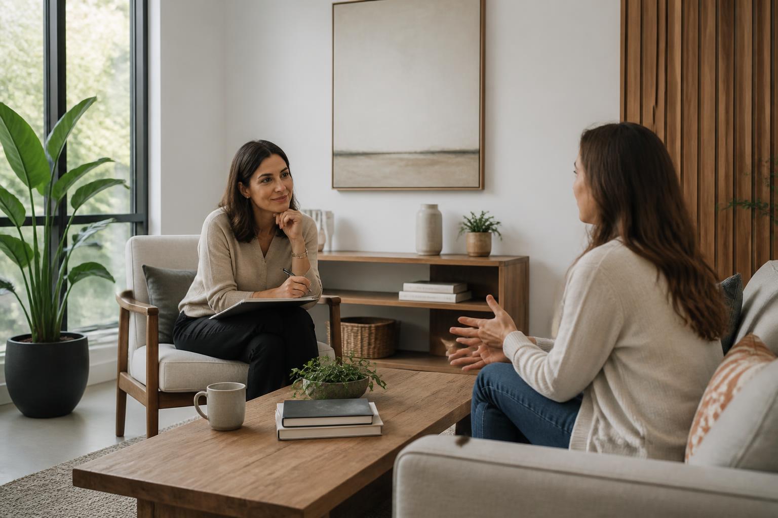 Calm modern coaching workspace with warm neutral furnishings and natural light.
